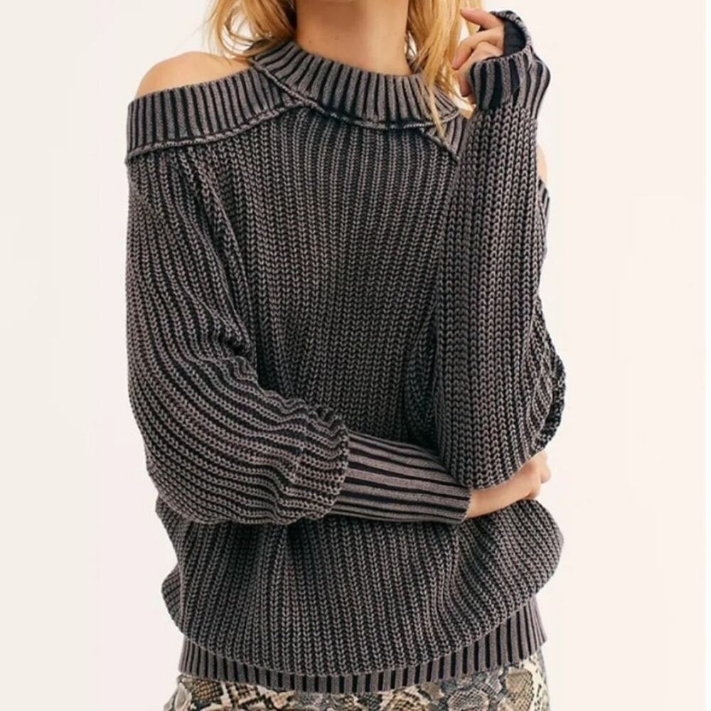 Free People Half Moon Bay Pullover Cold Shoulder Ribbed Sweater L